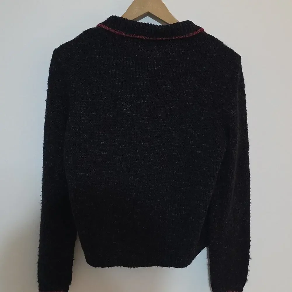 Croft & Barrow Black Red Wool Floral Yarn Embroidered Cardigan Sweater Womens PM